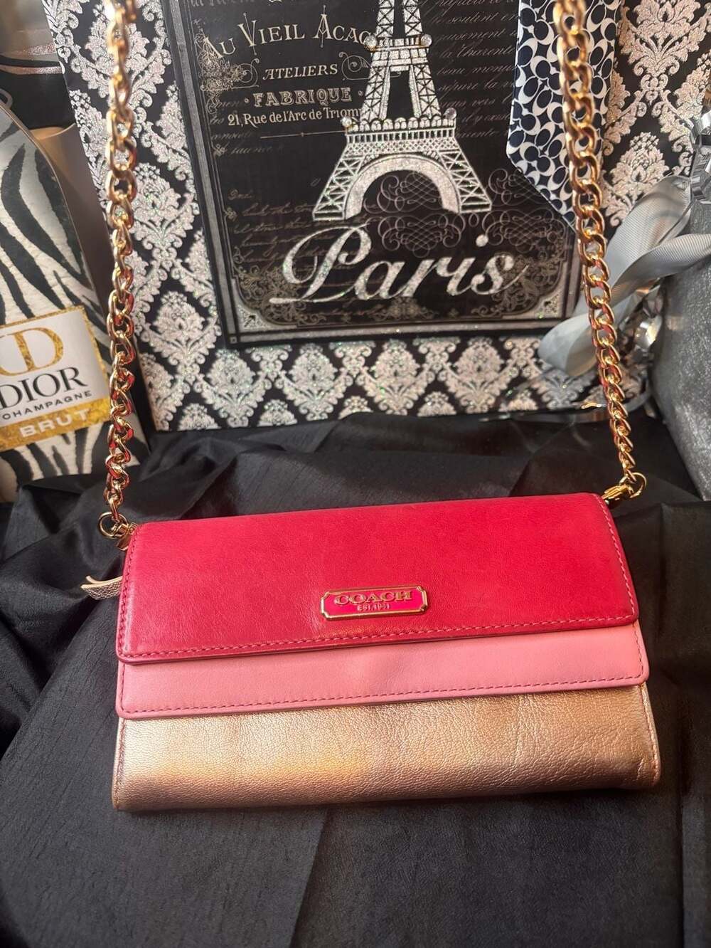 Coach Colorblock Chain Crossbody Wallet Pink Gold Leather